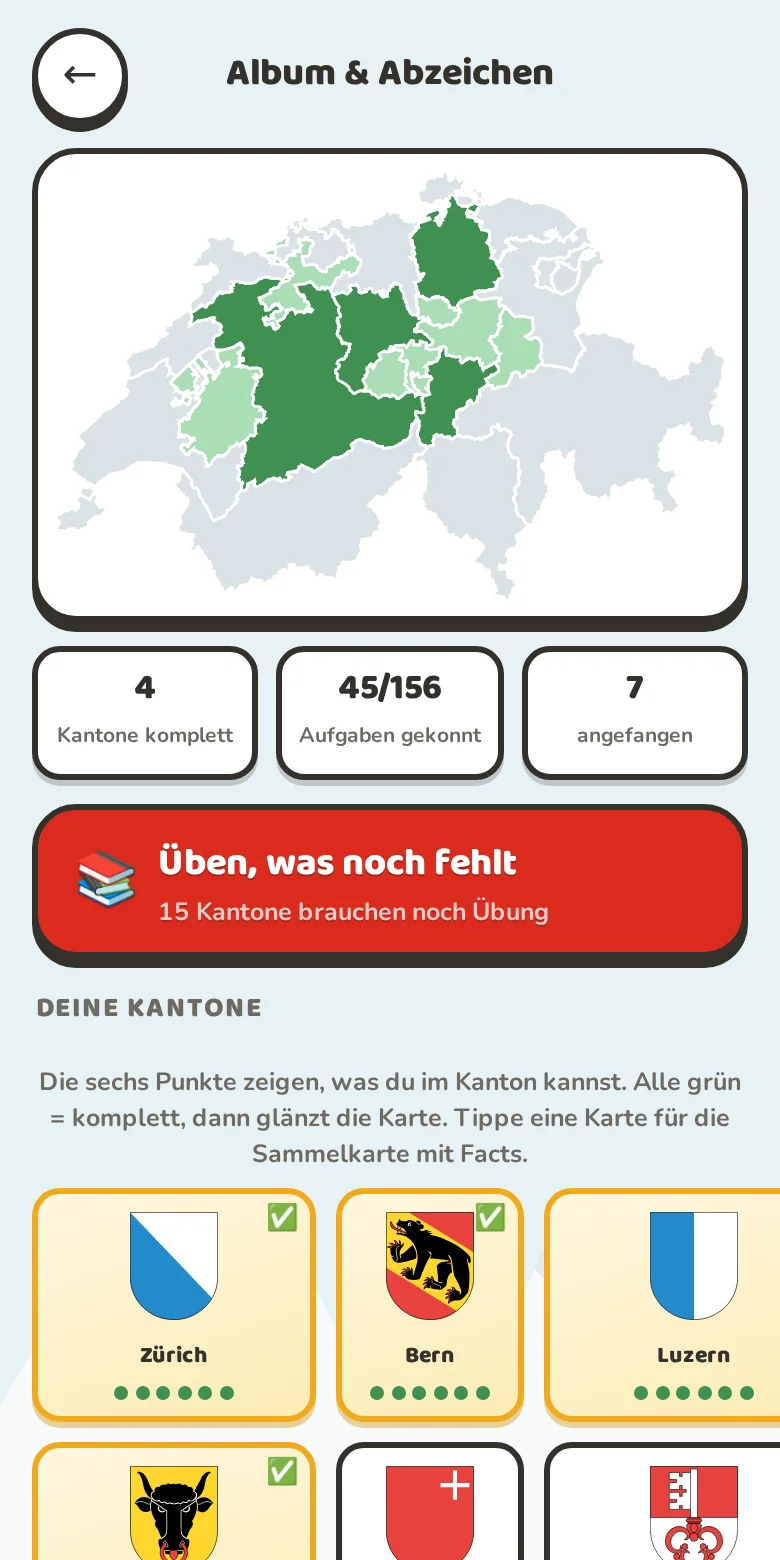 Album mit gesammelten Kantonen und Abzeichen