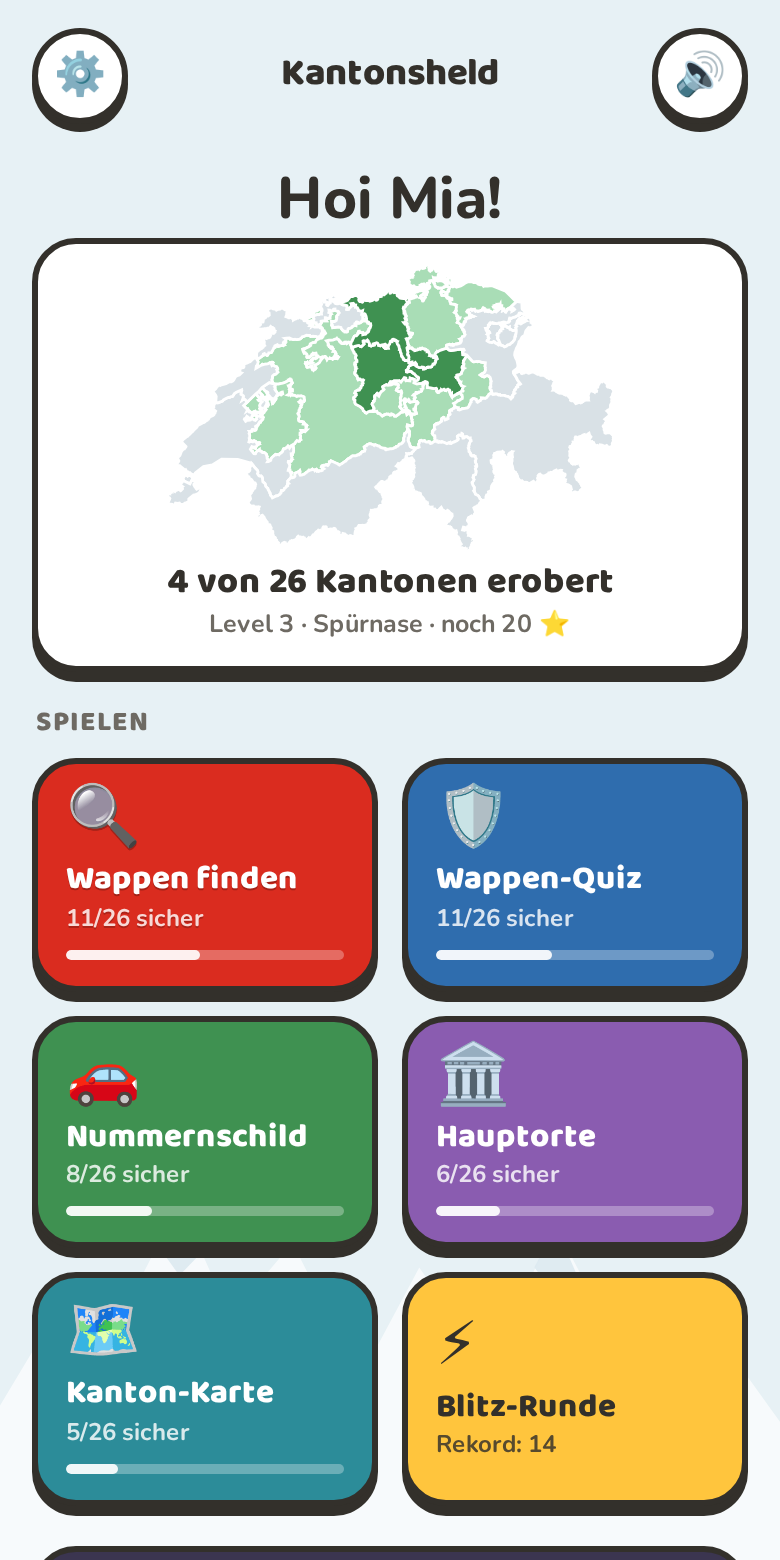 Startseite des Spiels mit der Schweizer Karte und den Spielarten