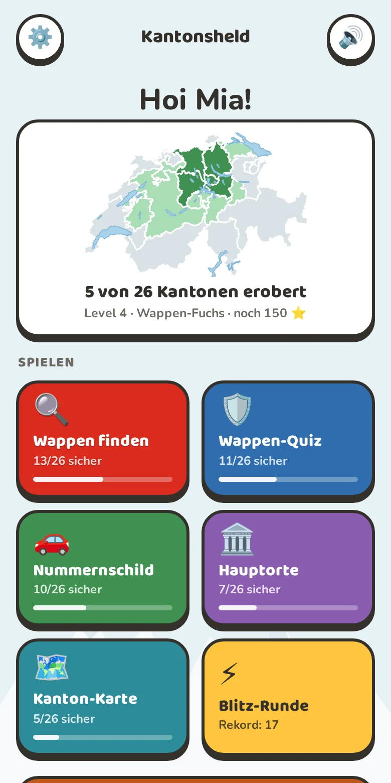 Startseite des Spiels mit der Schweizer Karte und den Spielarten